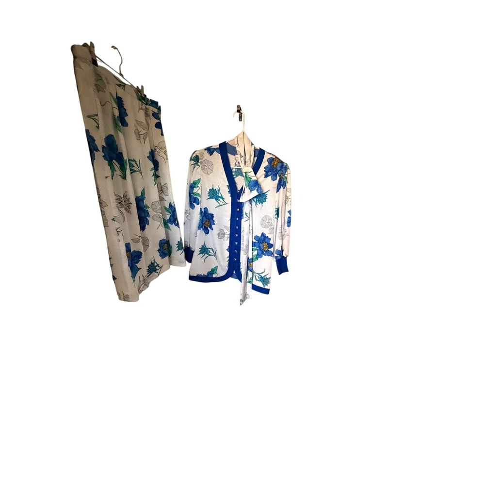 Anthony Sicari Vintage Floral Skirt Set Blue White Jacquard 2 Piece Size 16